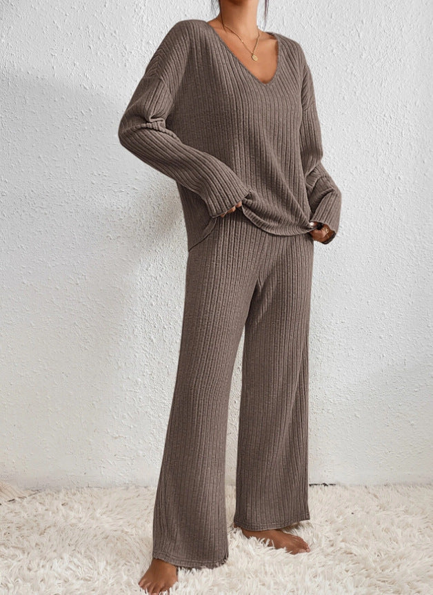 Two Piece Set Ribbed Knit V Neck Top Wide Leg Trousers Lounge Style
