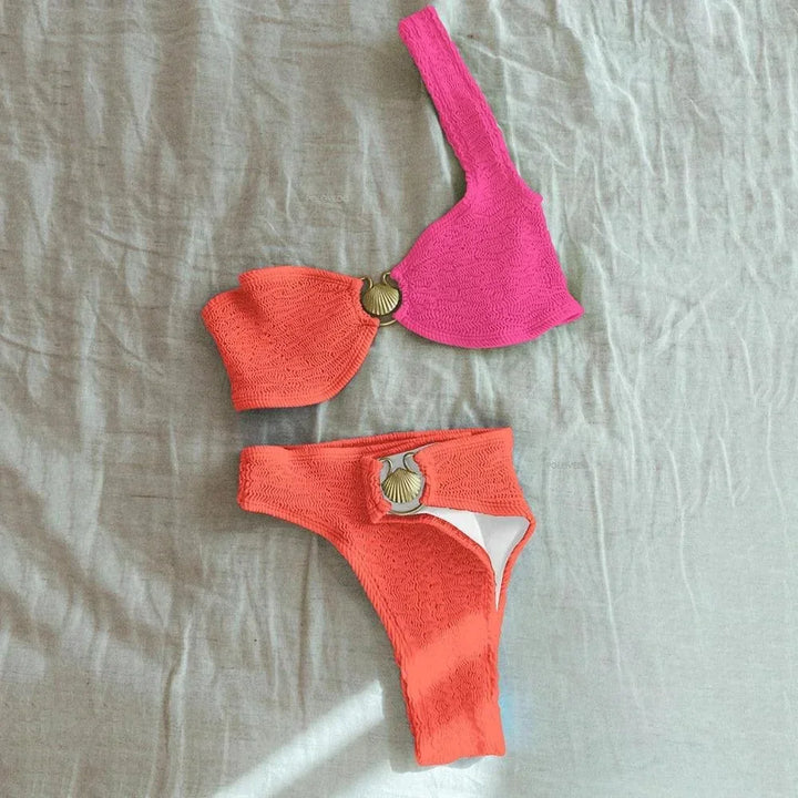 Asymmetrical Bikini Textured Ring Detail Two Piece Swimwear