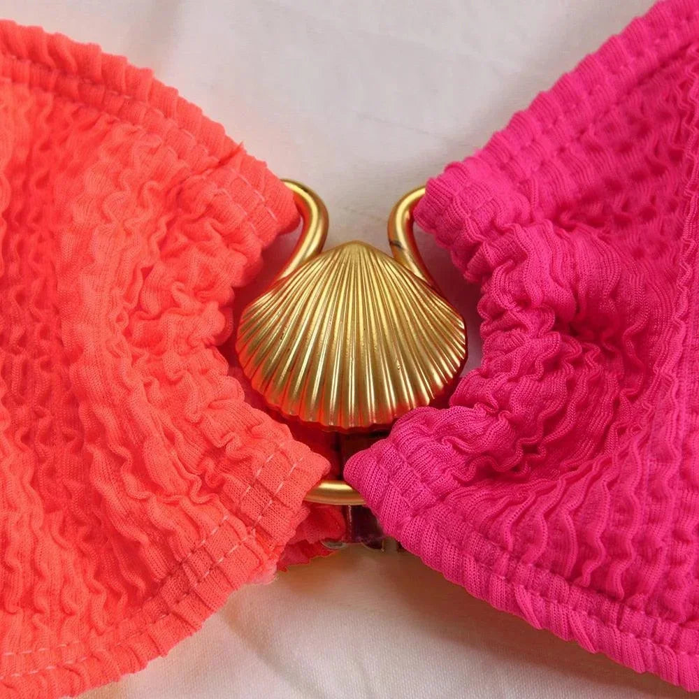 Asymmetrical Bikini Textured Ring Detail Two Piece Swimwear