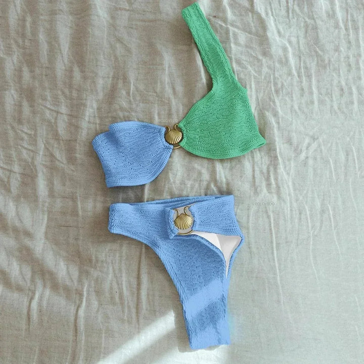 Asymmetrical Bikini Textured Ring Detail Two Piece Swimwear