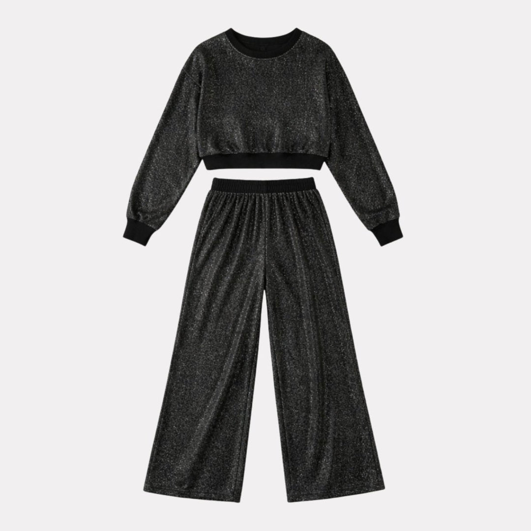 Two Piece Glitter Knit Crop Top and Wide Leg Trousers Set – Evening Glam Style