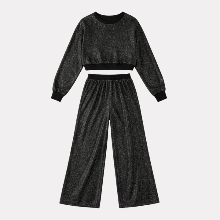 Two Piece Glitter Knit Crop Top and Wide Leg Trousers Set – Evening Glam Style