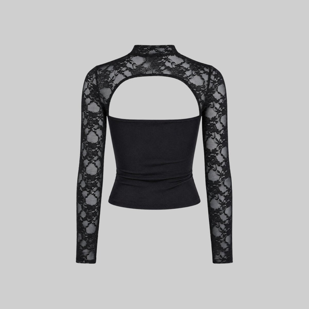 Lace Blouse Cut Out Mock Neck Bell Sleeve Sheer Elegant Evening Style