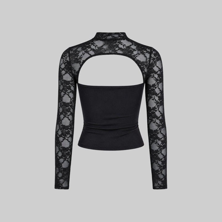 Lace Blouse Cut Out Mock Neck Bell Sleeve Sheer Elegant Evening Style