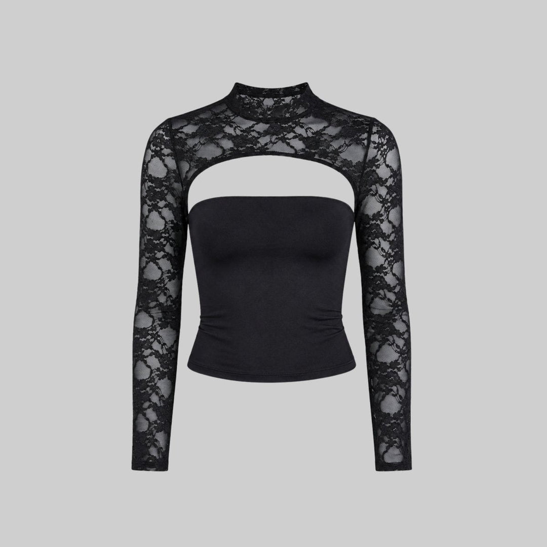 Lace Blouse Cut Out Mock Neck Bell Sleeve Sheer Elegant Evening Style