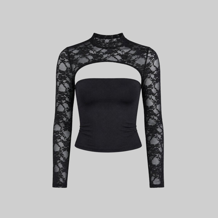 Lace Blouse Cut Out Mock Neck Bell Sleeve Sheer Elegant Evening Style
