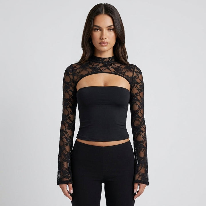 Lace Blouse Cut Out Mock Neck Bell Sleeve Sheer Elegant Evening Style