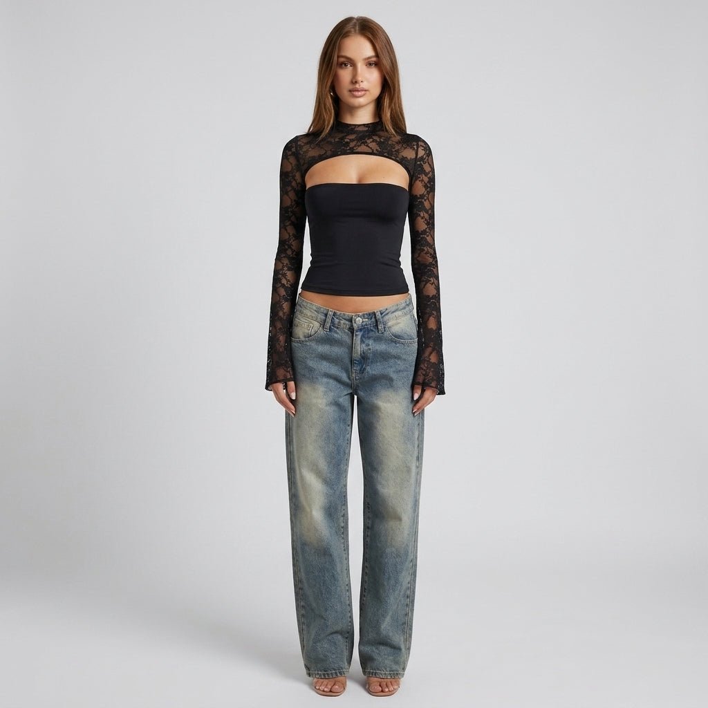 Lace Blouse Cut Out Mock Neck Bell Sleeve Sheer Elegant Evening Style