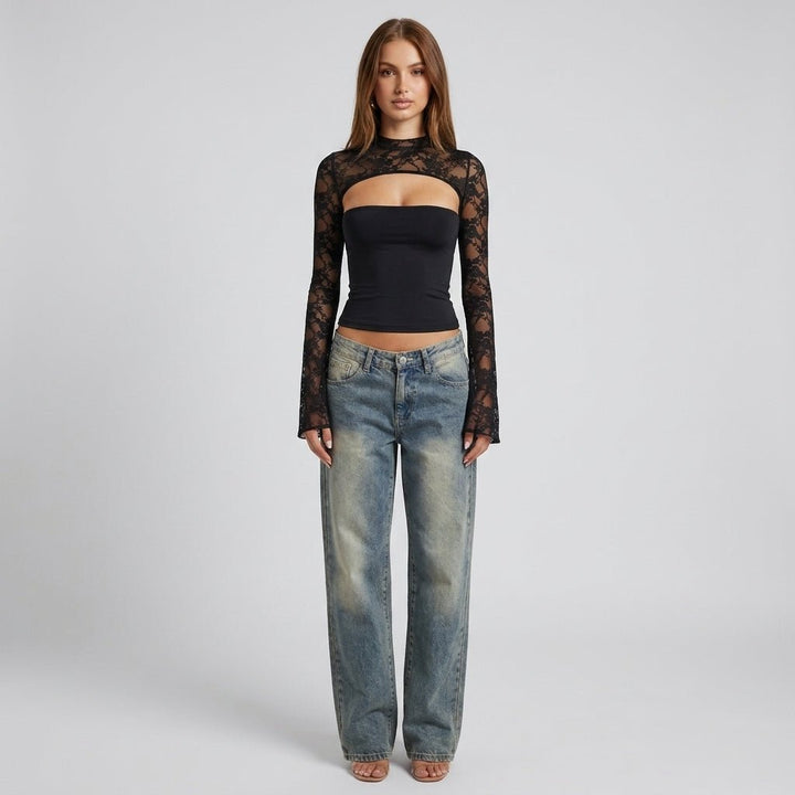Lace Blouse Cut Out Mock Neck Bell Sleeve Sheer Elegant Evening Style