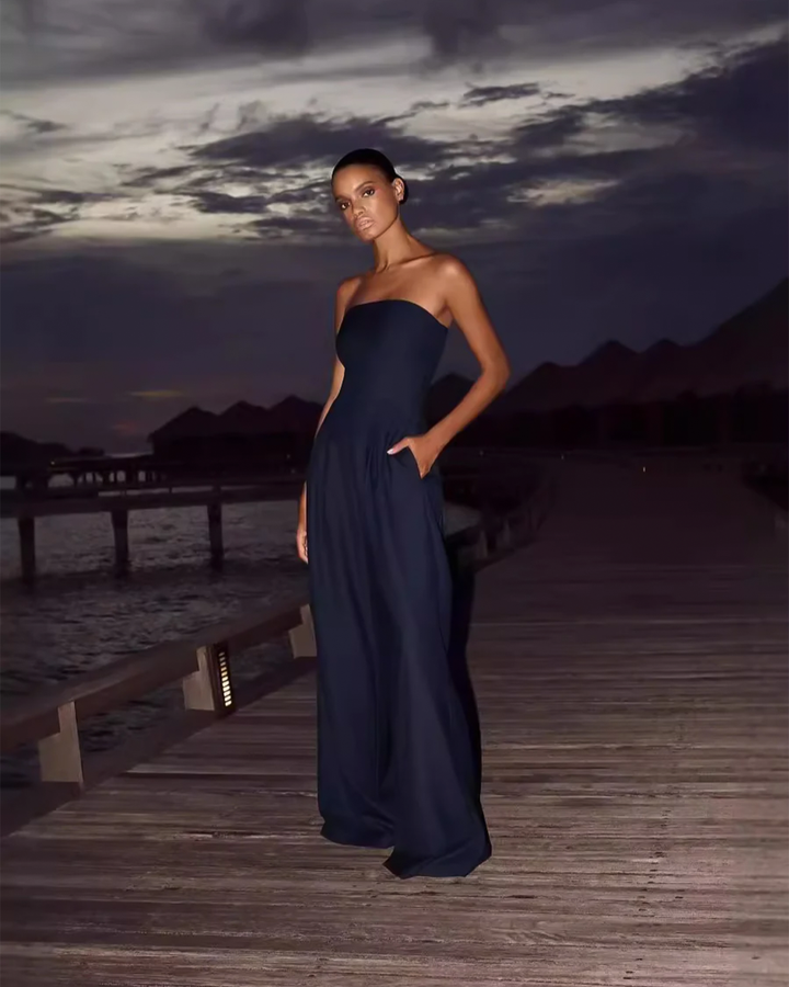 Strapless Jumpsuit Wide Leg Pockets Relaxed Fit Casual Style