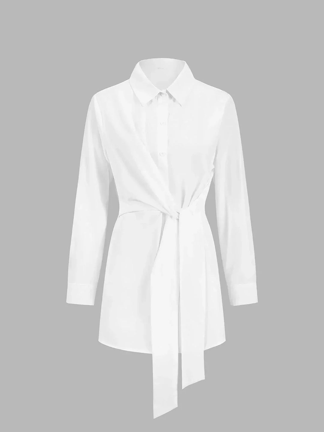 Blouse Button Up Long Sleeve Tie Belt Relaxed Fit Casual Style