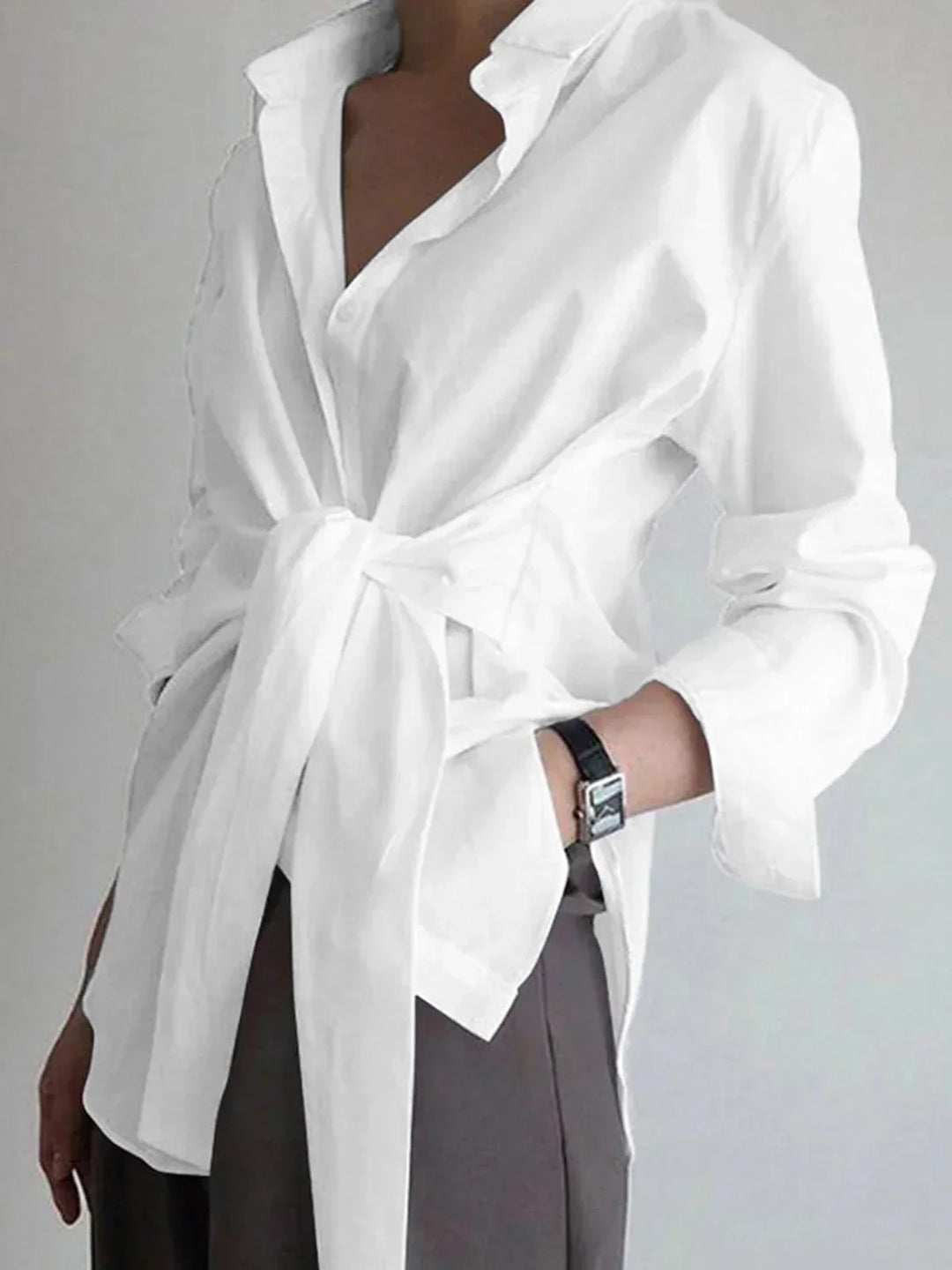 Blouse Button Up Long Sleeve Tie Belt Relaxed Fit Casual Style