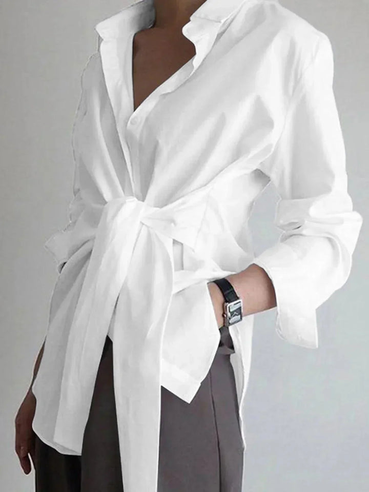 Blouse Button Up Long Sleeve Tie Belt Relaxed Fit Casual Style