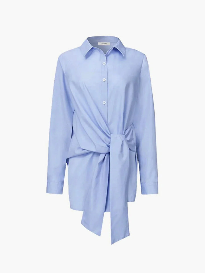 Blouse Button Up Long Sleeve Tie Belt Relaxed Fit Casual Style