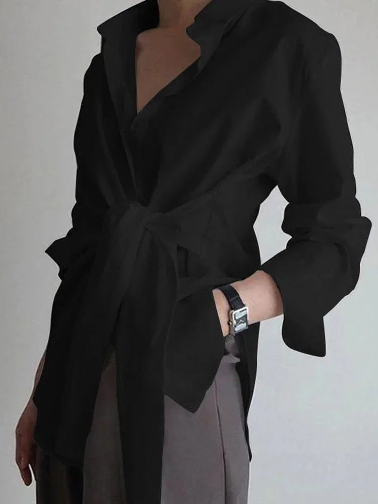 Blouse Button Up Long Sleeve Tie Belt Relaxed Fit Casual Style