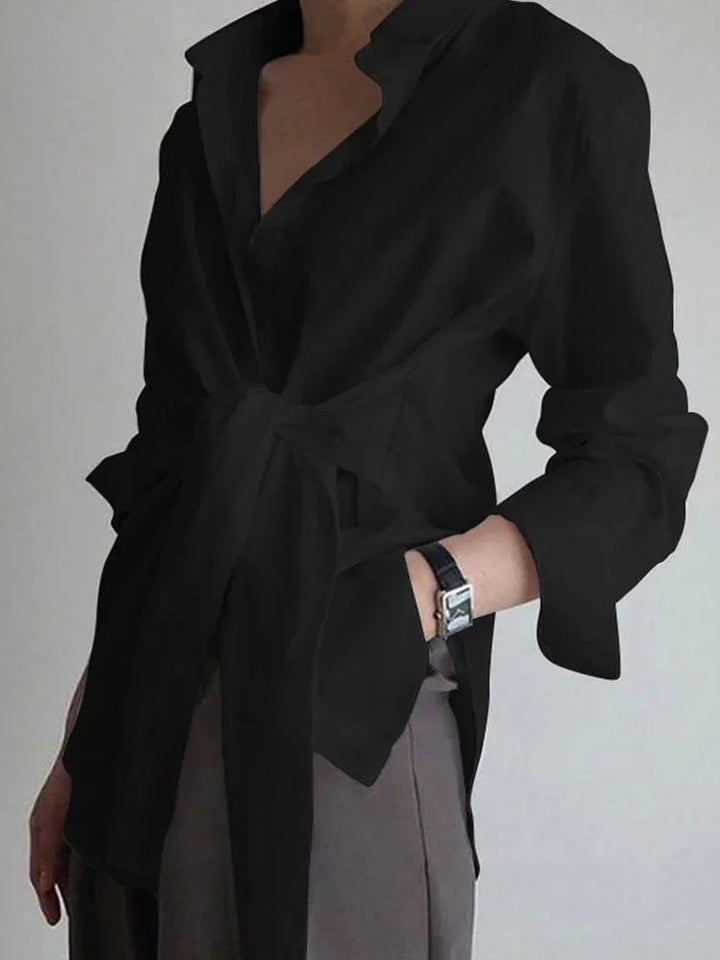 Blouse Button Up Long Sleeve Tie Belt Relaxed Fit Casual Style