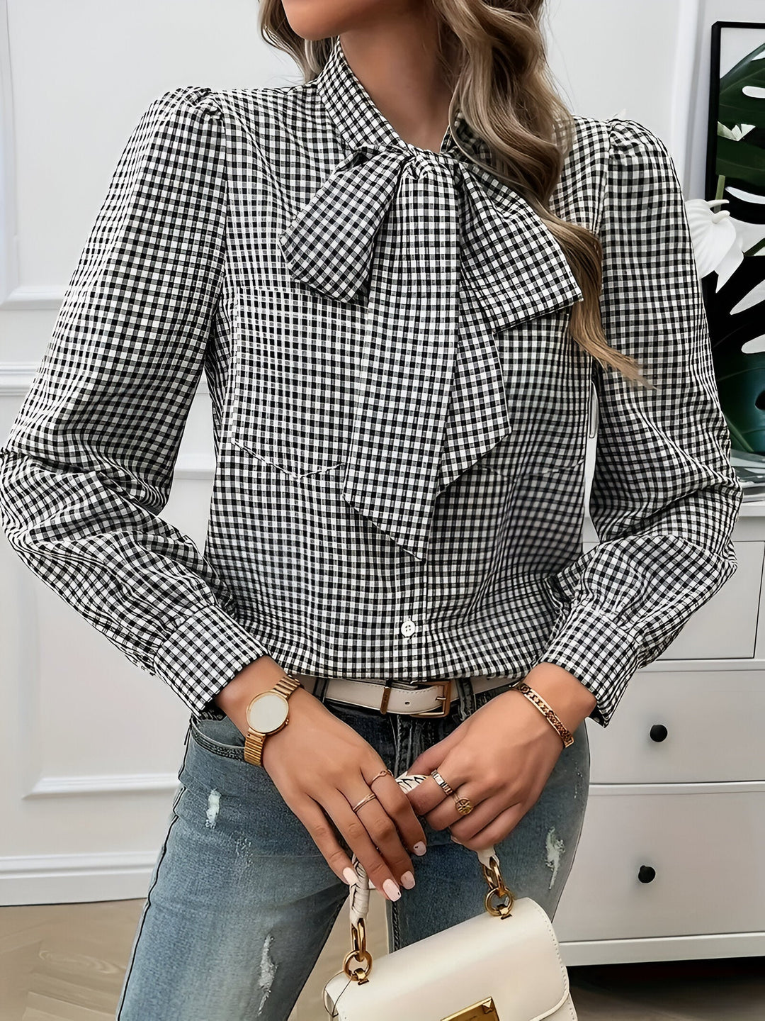 Blouse Bow Tie Neck Long Sleeve Relaxed Fit Casual Style