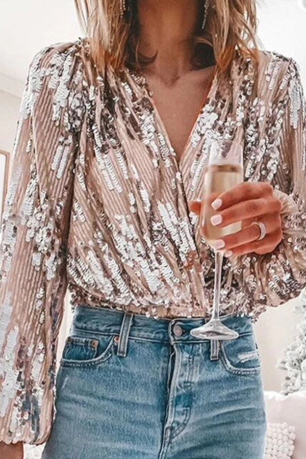 Sequin Wrap Blouse Elegant Evening Style