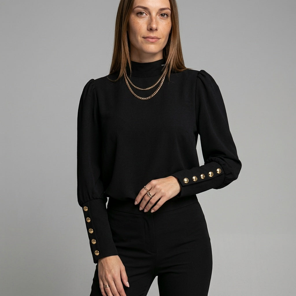 Top Gold Button Detail Long Sleeve Elegant Fitted Style