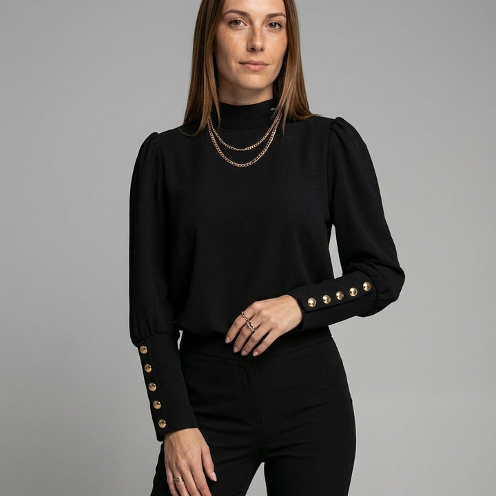 Top Gold Button Detail Long Sleeve Elegant Fitted Style