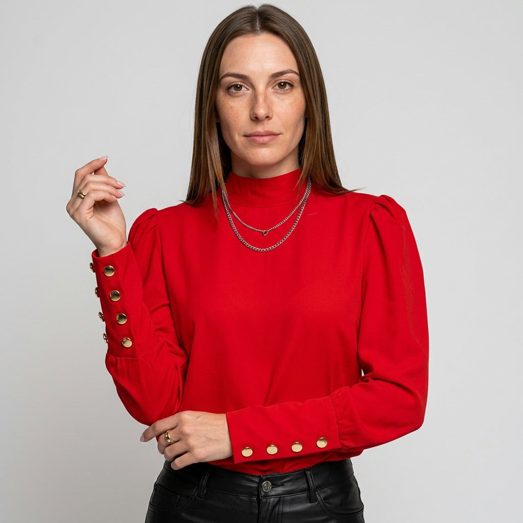 Top Gold Button Detail Long Sleeve Elegant Fitted Style