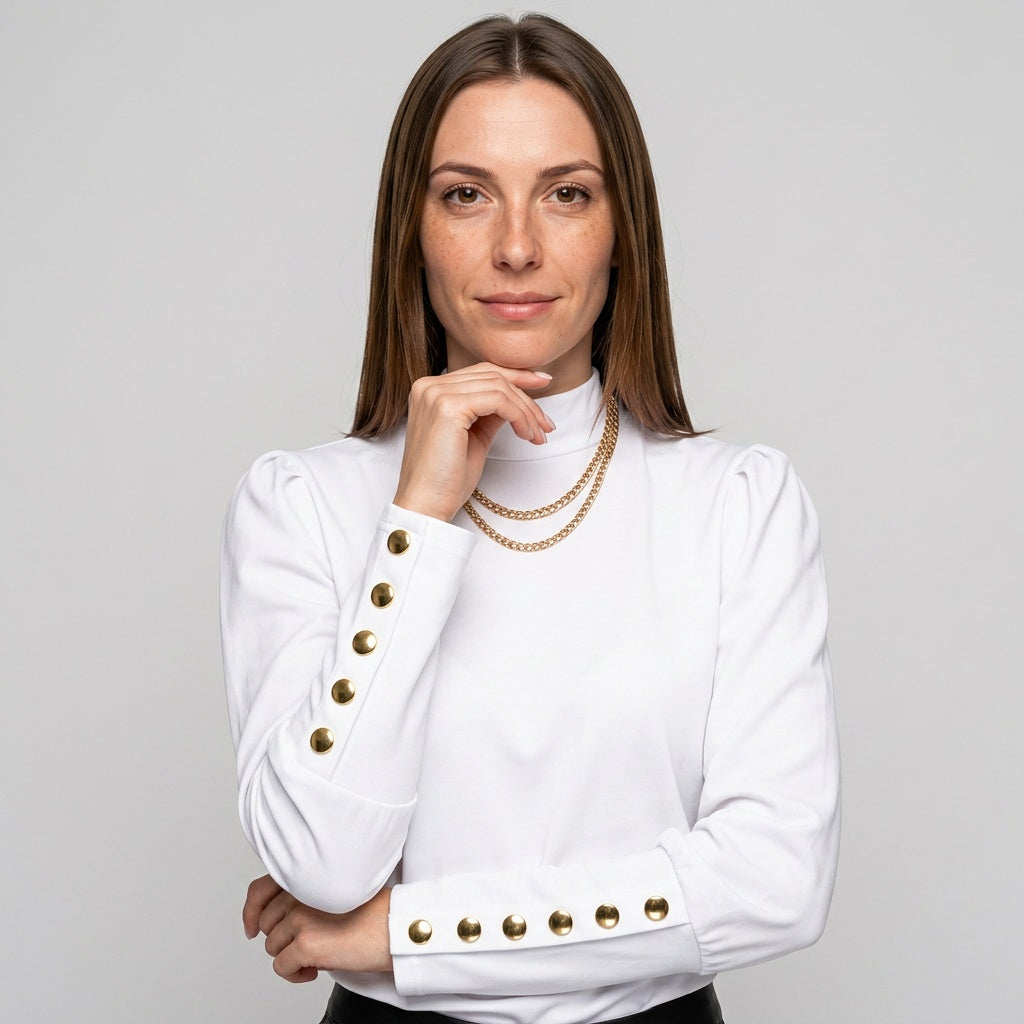 Top Gold Button Detail Long Sleeve Elegant Fitted Style