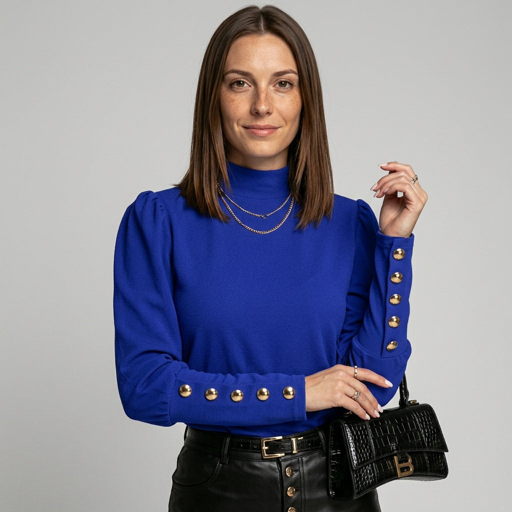 Top Gold Button Detail Long Sleeve Elegant Fitted Style