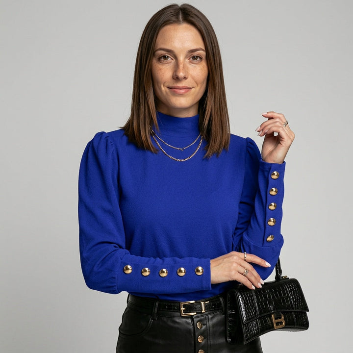 Top Gold Button Detail Long Sleeve Elegant Fitted Style