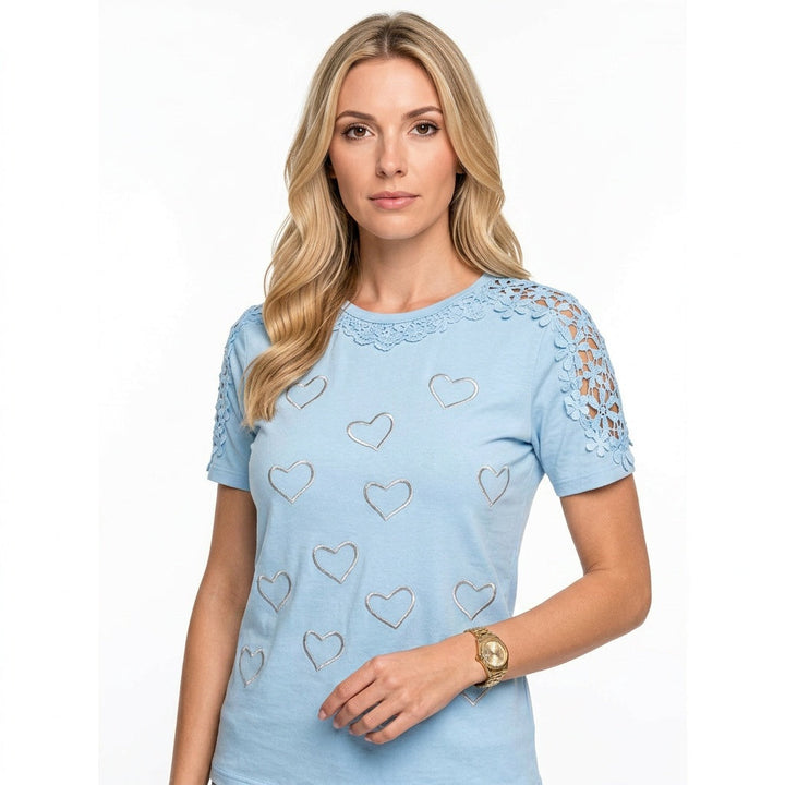 Top Heart Print Lace Sleeve Short Sleeve Feminine Casual Style