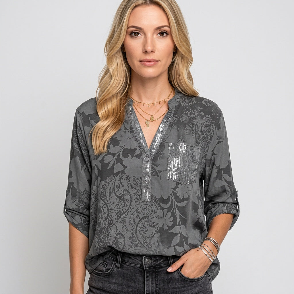 Blouse V Neck Jacquard Long Sleeve Elegant Structured Style