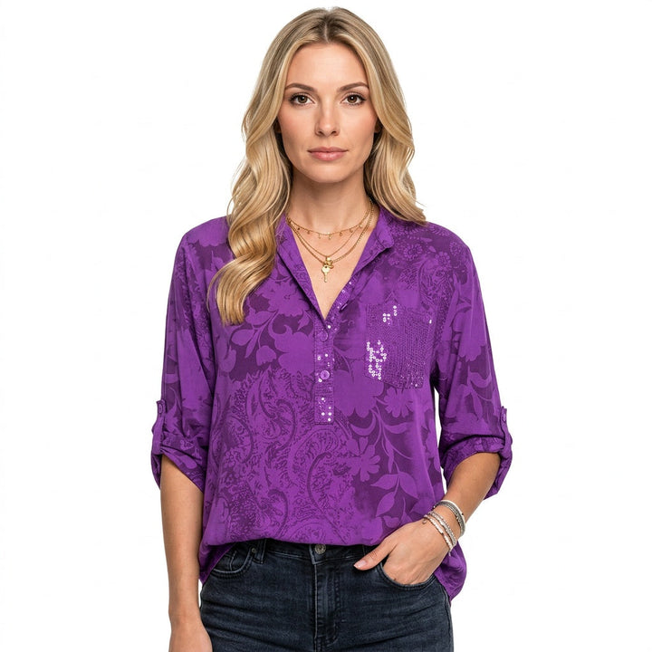 Blouse V Neck Jacquard Long Sleeve Elegant Structured Style