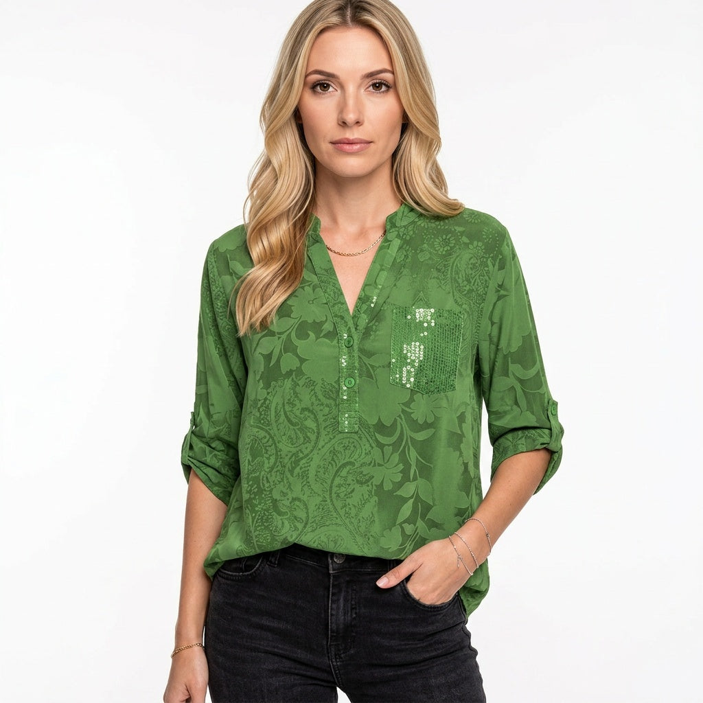 Blouse V Neck Jacquard Long Sleeve Elegant Structured Style