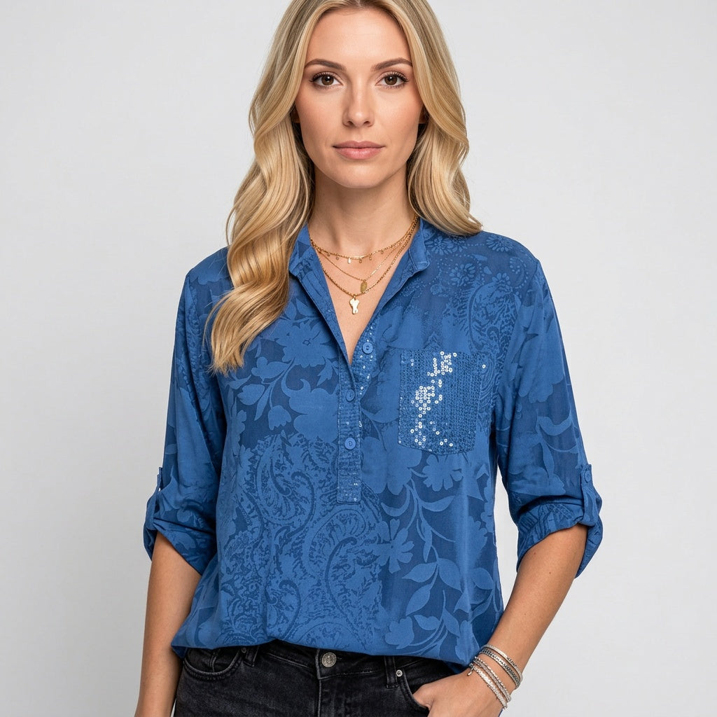 Blouse V Neck Jacquard Long Sleeve Elegant Structured Style