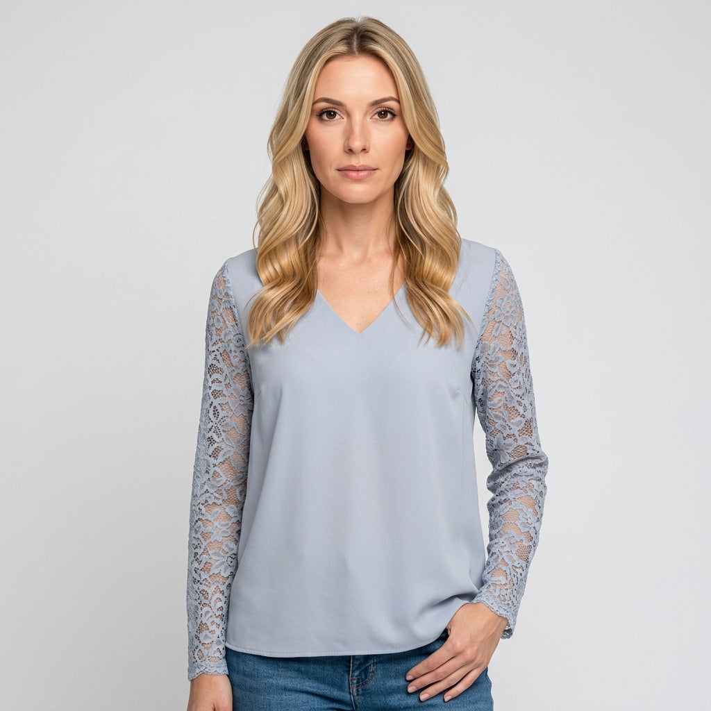 Blouse V Neck Lace Sleeve Detail Elegant Style