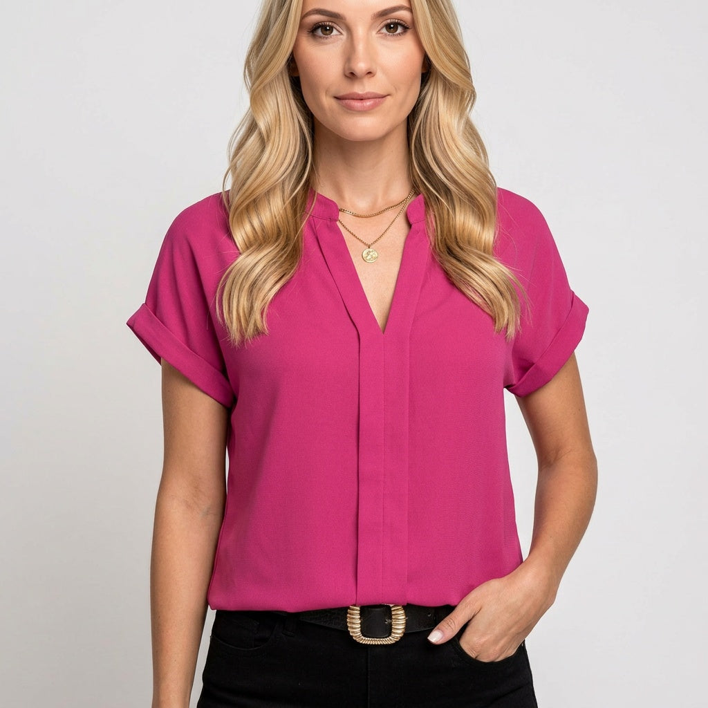 Blouse V Neck Short Sleeve Elegant Style