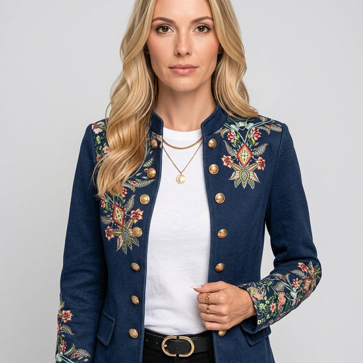 Blazer Floral Embroidery Gold Button Tailored Elegant Statement Style