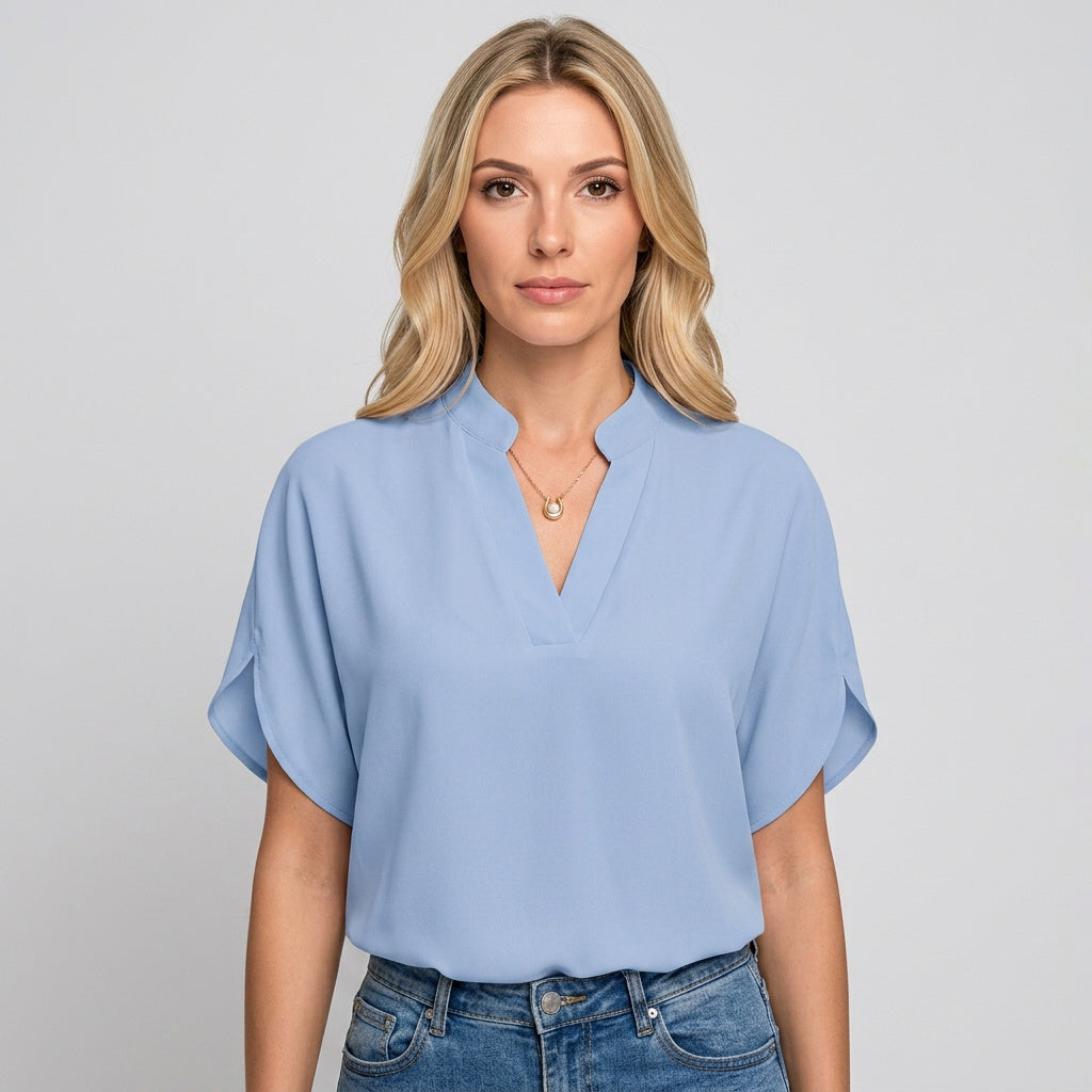Blouse V Neck Short Sleeve Elegant Style
