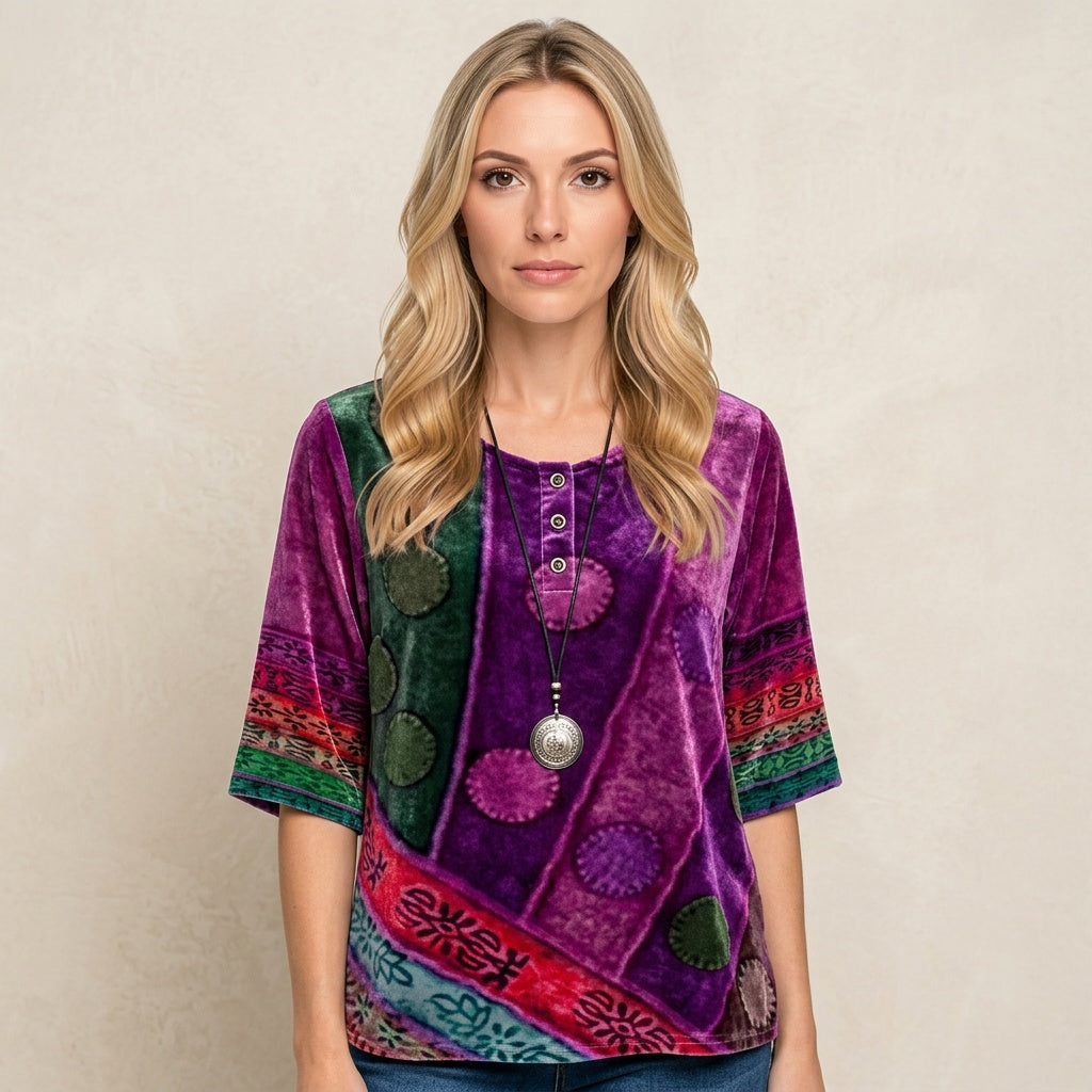 Blouse Patchwork Print Loose Fit Artistic Relaxed Style