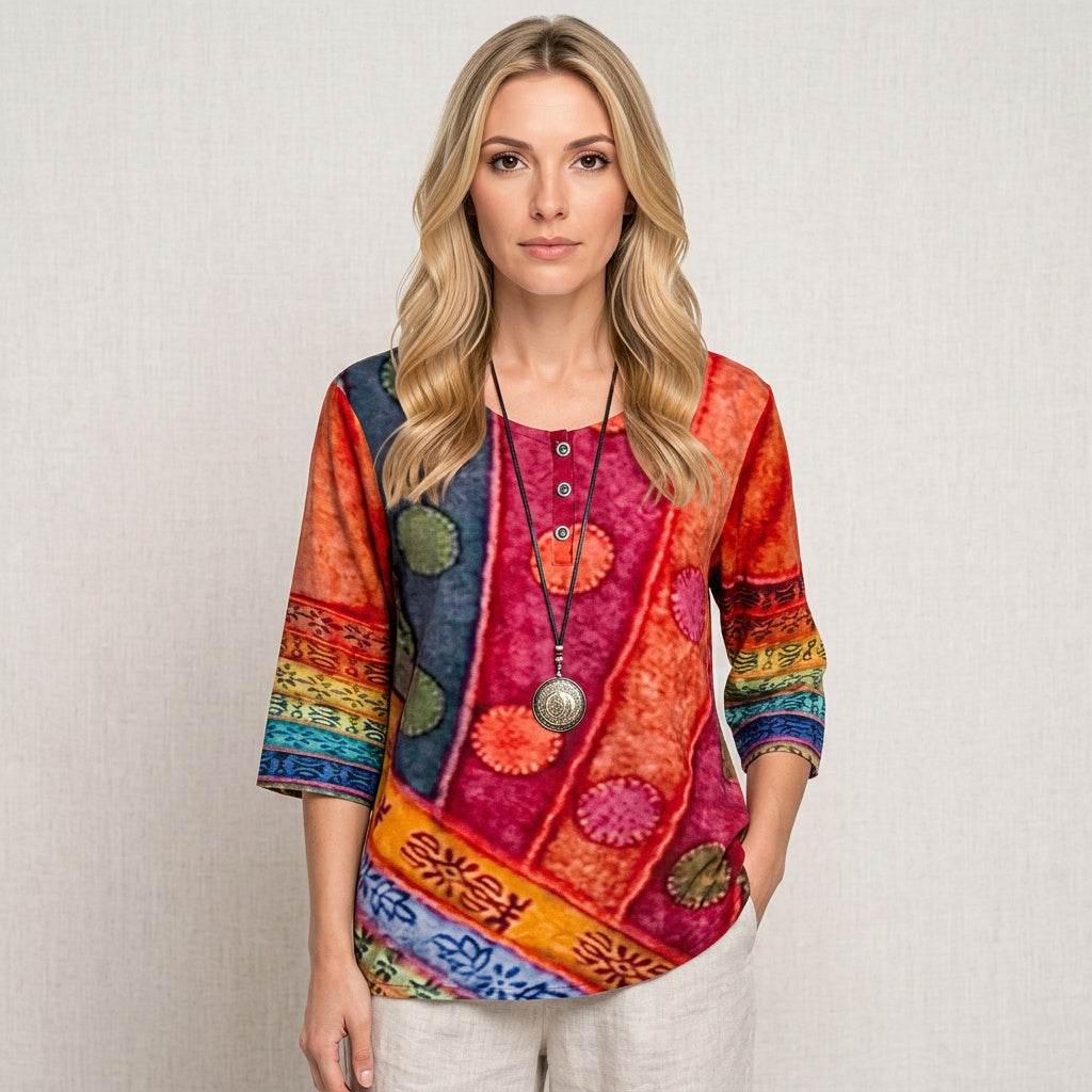 Blouse Patchwork Print Loose Fit Artistic Relaxed Style