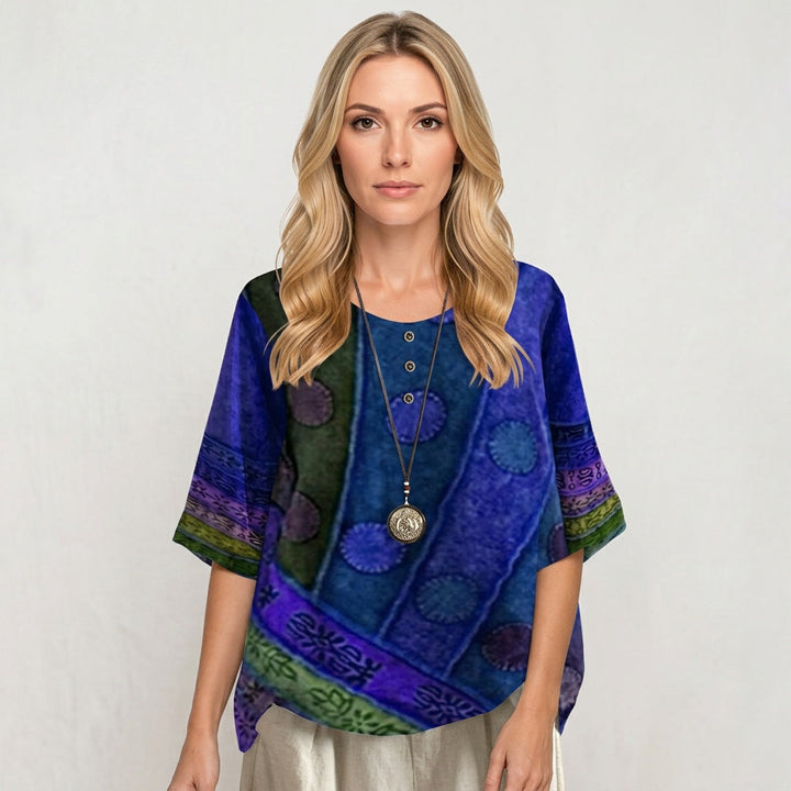 Blouse Patchwork Print Loose Fit Artistic Relaxed Style