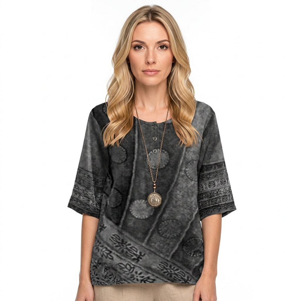 Blouse Patchwork Print Loose Fit Artistic Relaxed Style