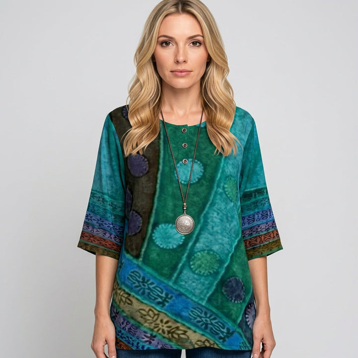 Blouse Patchwork Print Loose Fit Artistic Relaxed Style