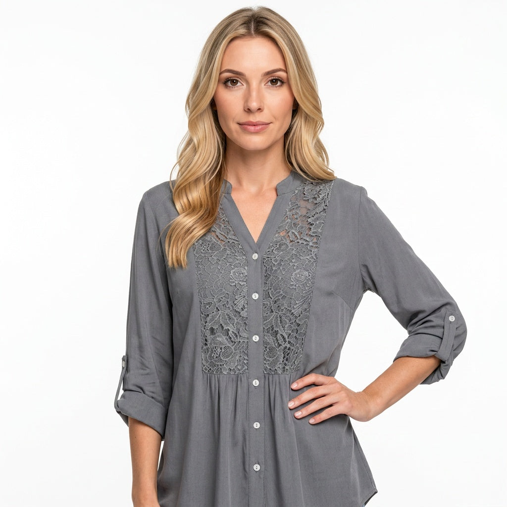 Tunic Blouse Lace Detail Button Closure Elegant Style