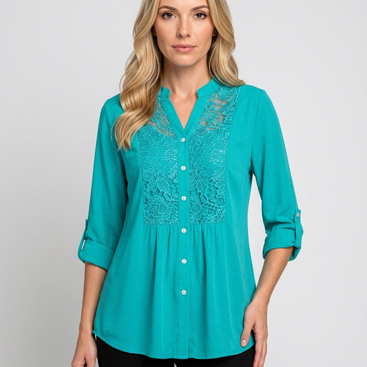 Tunic Blouse Lace Detail Button Closure Elegant Style