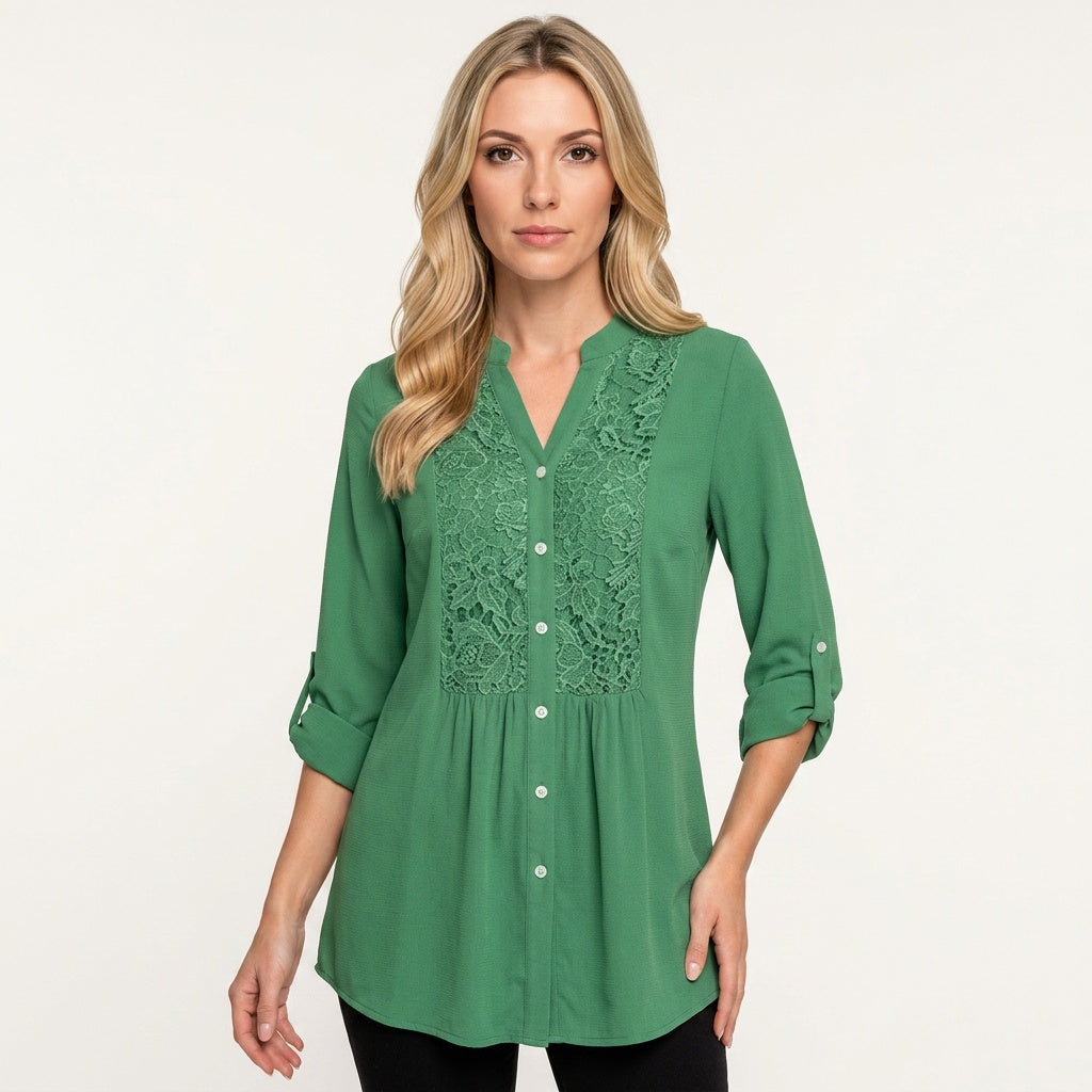 Tunic Blouse Lace Detail Button Closure Elegant Feminine Style