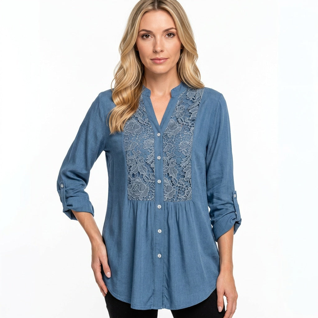 Tunic Blouse Lace Detail Button Closure Elegant Style