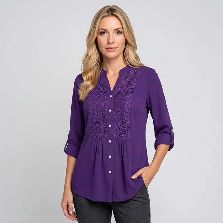 Tunic Blouse Lace Detail Button Closure Elegant Feminine Style