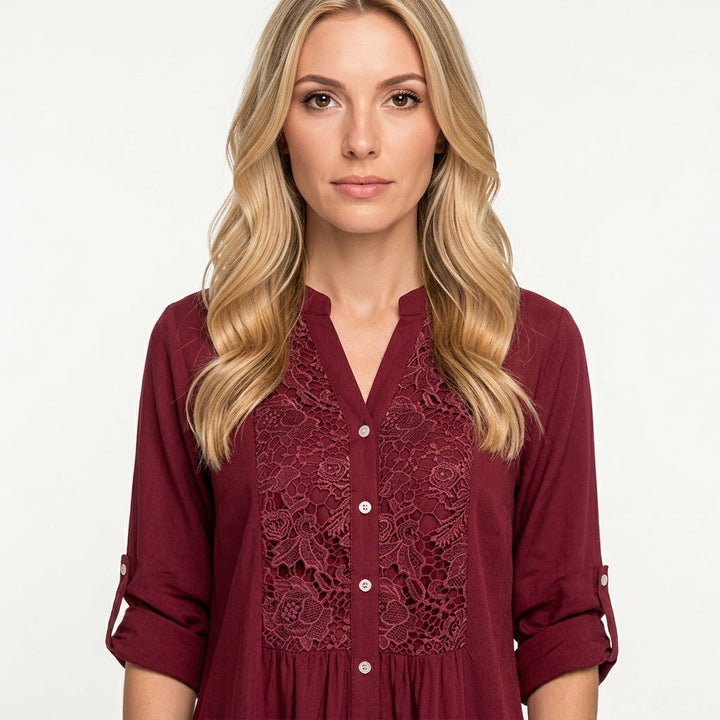 Tunic Blouse Lace Detail Button Closure Elegant Style