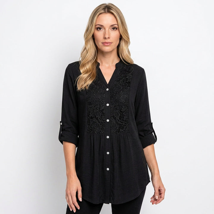 Tunic Blouse Lace Detail Button Closure Elegant Feminine Style