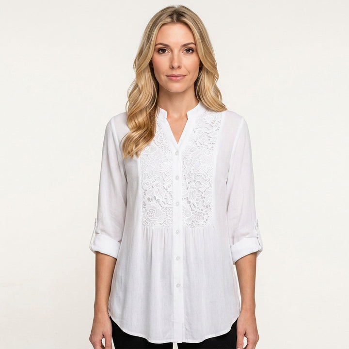 Tunic Blouse Lace Detail Button Closure Elegant Style